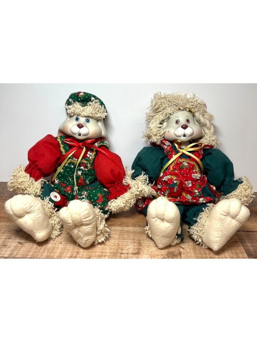 2 House Of Lloyd Christmas Bunny Dolls Plush & Fabric Figurines Faces Porcelain